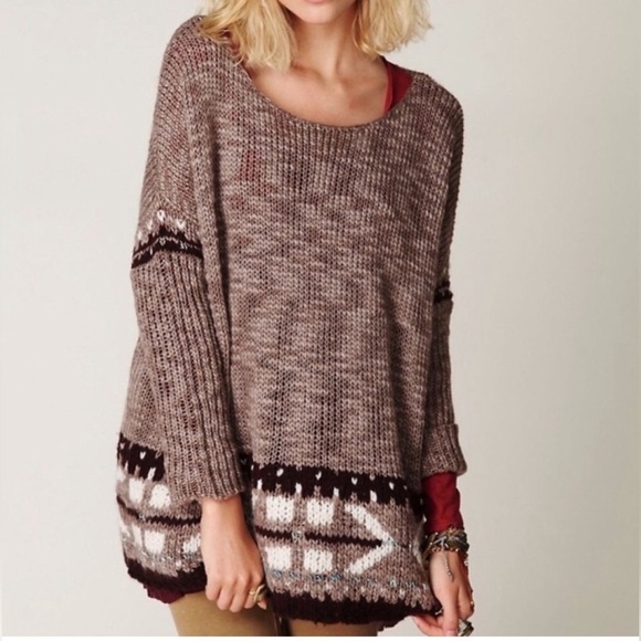 FREE PEOPLE Oversized Lt. Brown Aztec Wool Mohair Blend Scoop Neck Tunic Grandma - Picture 1 of 13